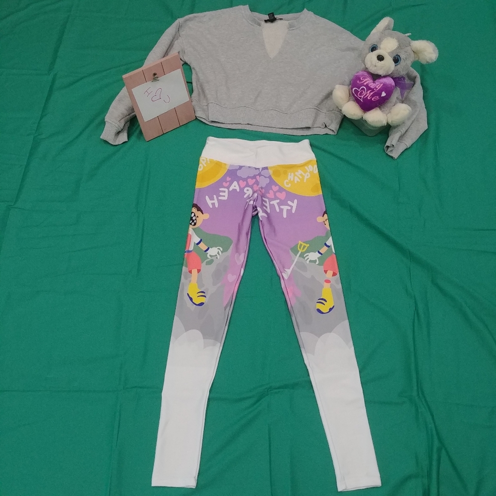 Fun Pop Art Comic Cartoon pink Heart NWOT workout leggings full length white